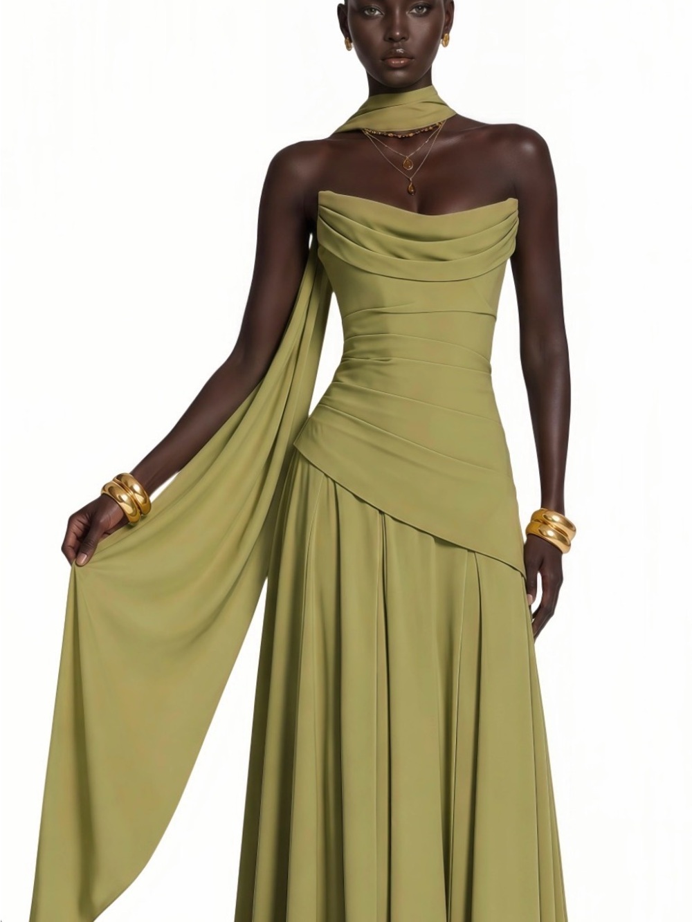Olive Green One-Shoulder Draped Prom Gown